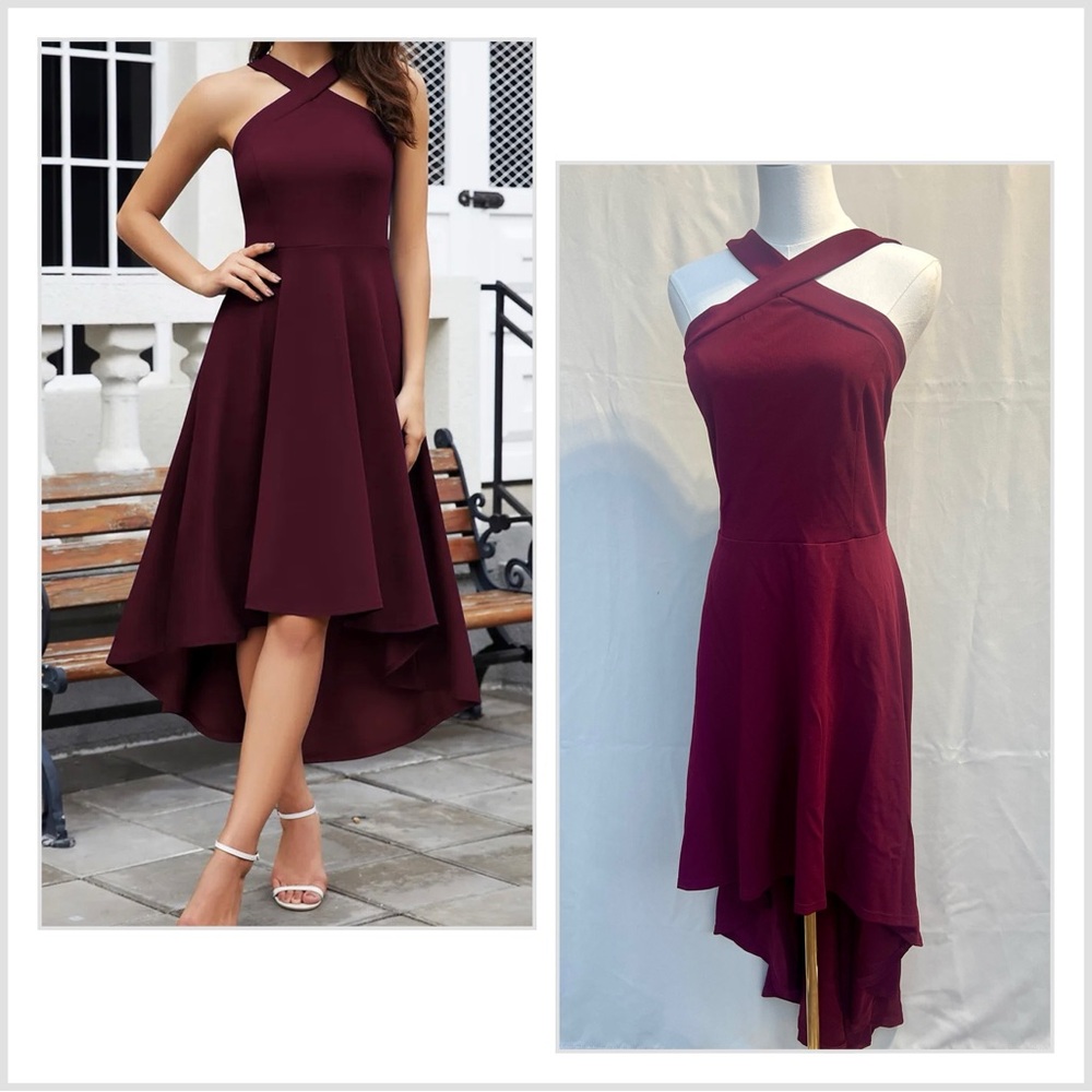 Dresstells Women's Halter High-Low Cocktail Dress in Burgundy